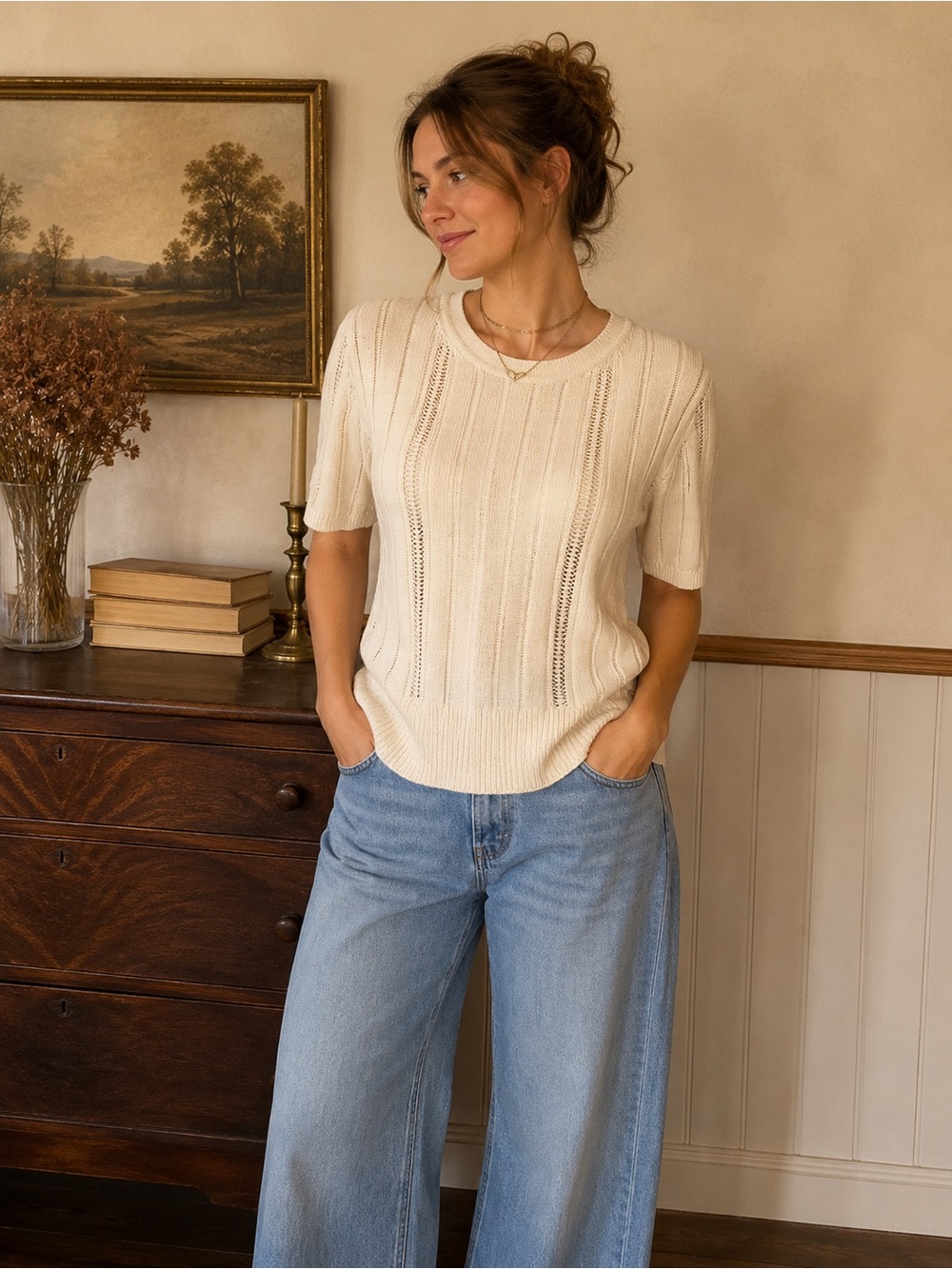 Banana Republic Cream Short-Sleeve Knit Top